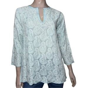 Amaya Women’s Size 38 S Light Blue White Cotton Embroidered V- Neck Tunic Shirt